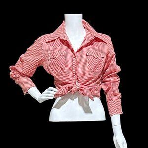 vintage 1970s Red White Gingham western shirt , JC PENNEY western apparel top